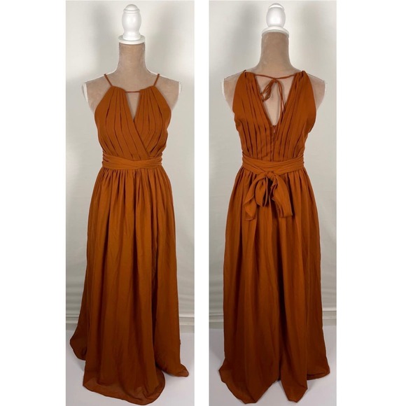 vnaix Dresses & Skirts - High Neck Chiffon Long Bridesmaid Dress Burnt Orange Chiffon Waist Tie Size 4